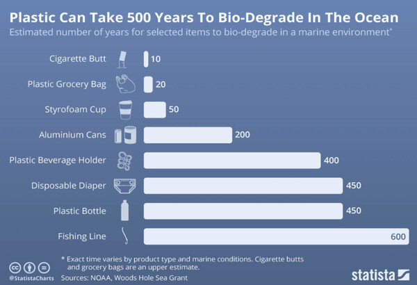 grafico che mostra gli anni necessari affinché vari oggetti si degradino nell'oceano con la plastica delle canne da pesca che si degrada in 600 anni circa