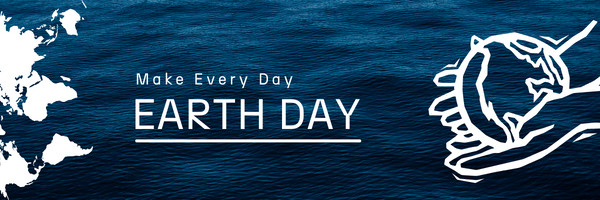 un'icona stilizzata di due mani che contengono il globo terrestre con il mare come sfondo e la scritta make every day earth day