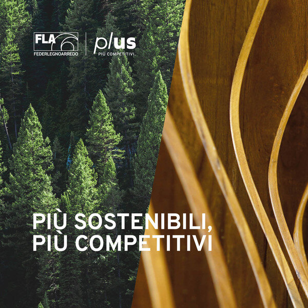 a destra una foresta di abeti e a sinistra del legno levigato con la scritta piu sostenibili, piu competitivi 