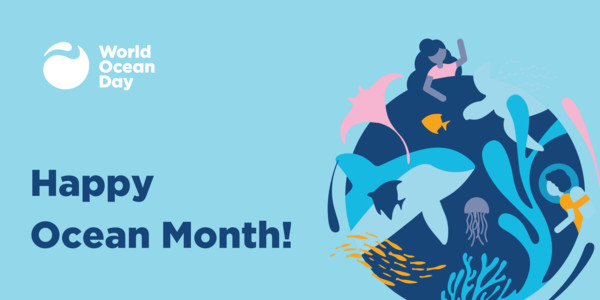 grafica stilizzata del globo terrestre con immagini di alghe, meduse, coralli, pesci, tartarughe e squali con la scritta happy ocean month