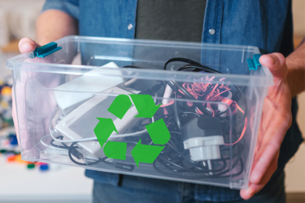una persona tiene in mano una scatola con sopra il simbolo del riciclo contenente cavi elettrici, prese e altro materiale tecnico 