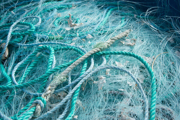 un grande ammazzo di reti da pesca e corde attorcigliate fra di loro