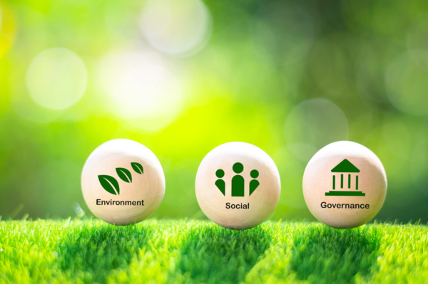 un prato verde con sopra tre palline bianche con rispettivamente scritto sopra environment social e governance