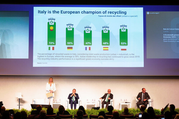 During a conference about circolar economy, a slide projected on the big screen shows Italy as the European champion of recycling (72%), ahead of Germany, France, Spain, and the UK