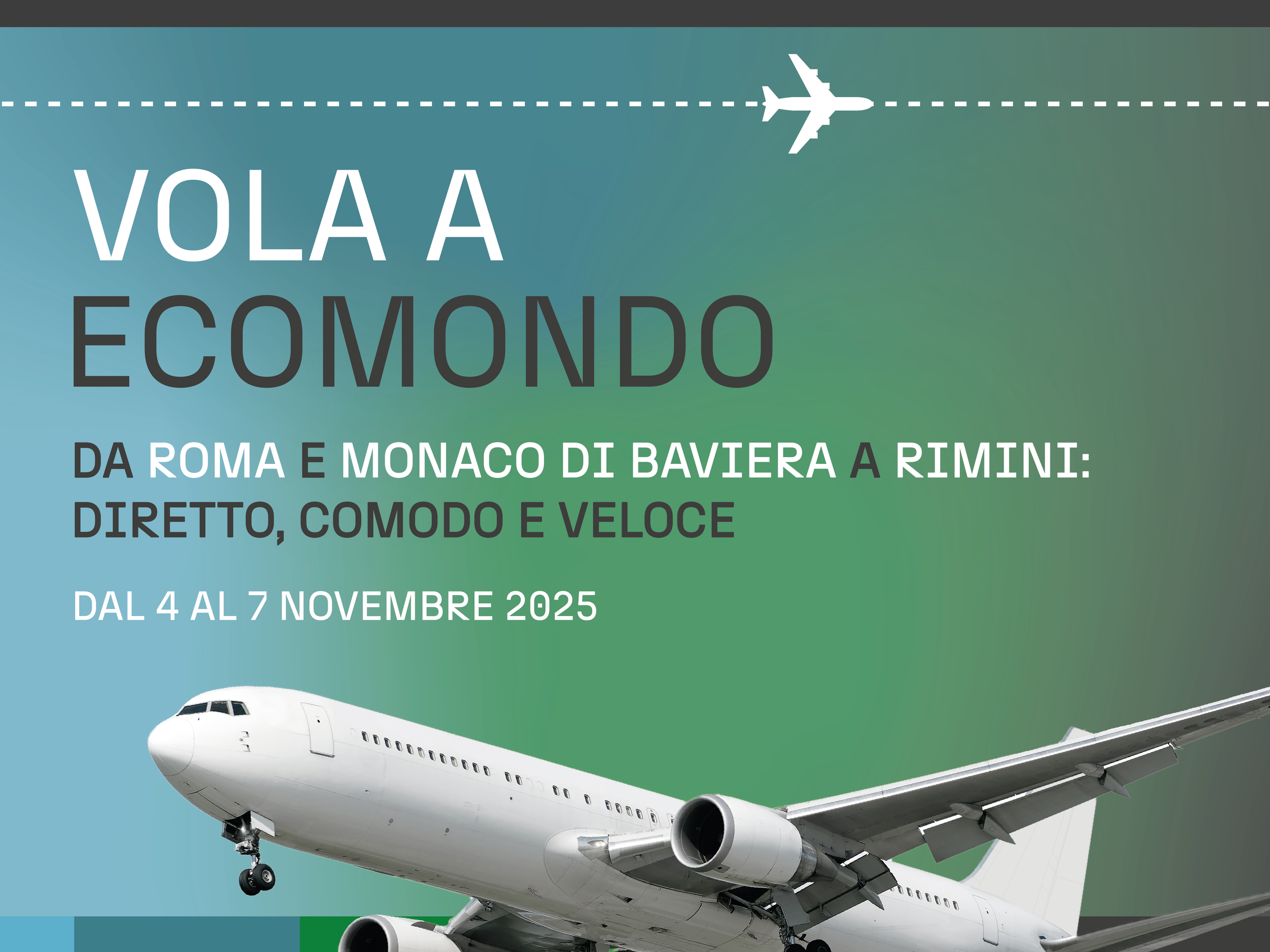 aereo in volo con dietro la scritta 'vola a ecomondo' da roma e monaco di baviera a rimini: diretto, comodo e veloce dal 4 al 7 novembre 2025