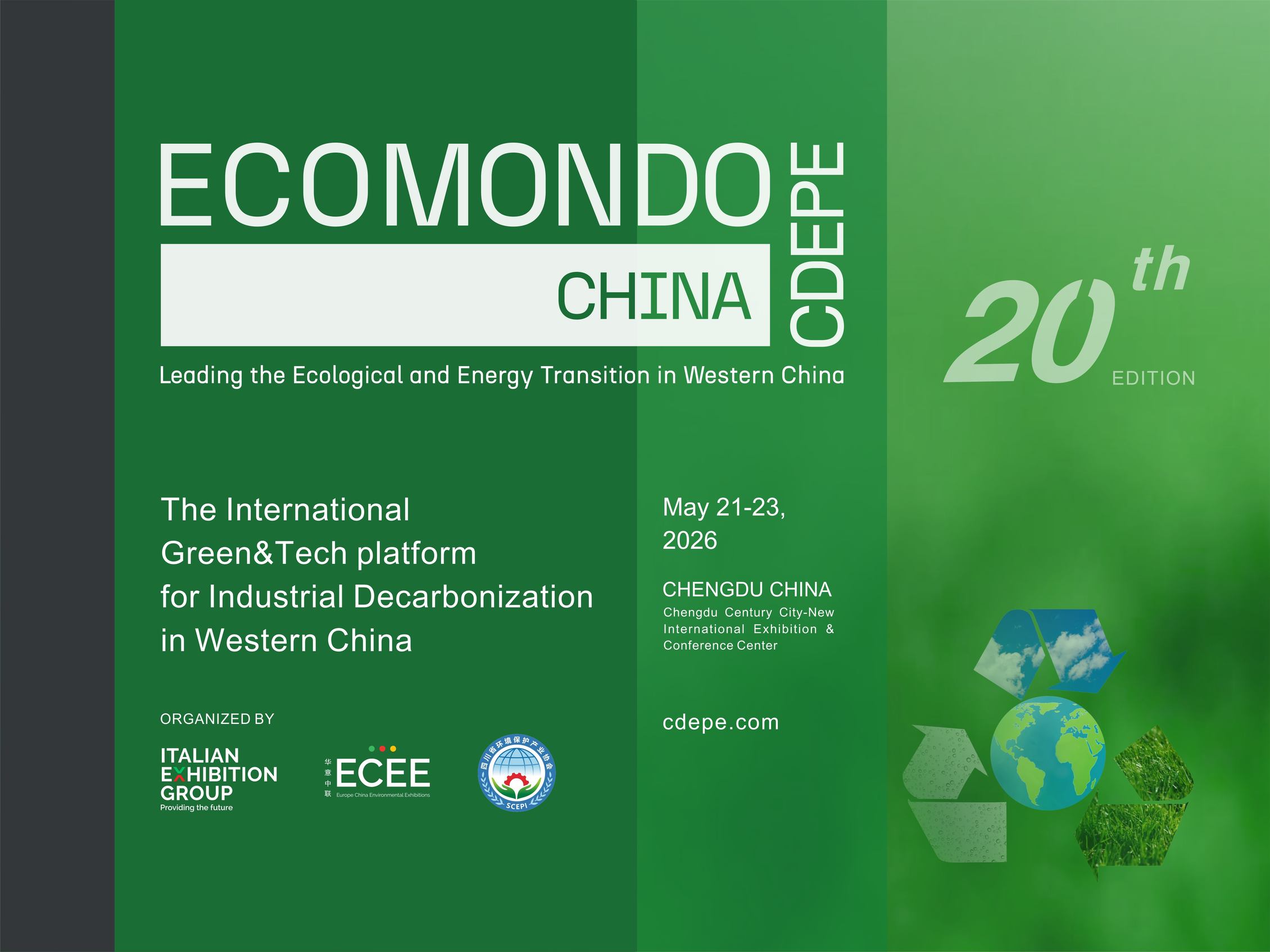 Locandina promozionale con le scritte 'Ecomondo China – CDEPE”, 20ª edizione, in programma a Chengdu dal 21 al 23 maggio 2026' La grafica sottolinea la missione dell’evento per la transizione ecologica e la decarbonizzazione industriale della Cina occidentale